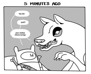 ambiguous_gender bone claws clothing dialogue duo feral gem hat headgear headwear male paws sharp_teeth snout speech_bubble teeth text tongue tongue_out toony discount-supervillain adventure_time cartoon_network mythology finn_the_human canid canine dragon human mammal mythological_creature mythological_scalie scalie english_text monochrome