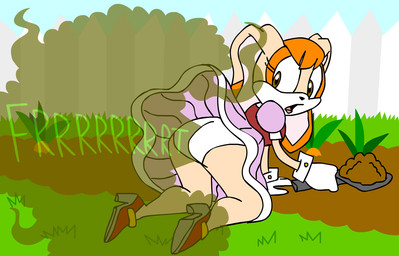 all_fours anthro blown_skirt brown_eyes butt carrot clothed clothing day dirt dress fart fart_cloud fart_fetish female fence floppy_ears food footwear garden gardening gloves grass hair handwear high_heels holding_object holding_tool holding_trowel lips looking_back lop_ears mature_anthro mature_female on_ground onomatopoeia open_mouth orange_hair outside panties plant raised_clothing raised_dress rear_view shoes solo sound_effects tan_body text tools trowel underwear upskirt vegetable white_clothing white_gloves white_handwear white_panties white_underwear animatedjames sega sonic_the_hedgehog_(series) vanilla_the_rabbit lagomorph leporid mammal rabbit 2015 archived_source digital_media_(artwork) mother_(lore) parent_(lore)
