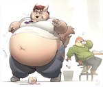 anthro belly big_belly biped bottomwear brown_hair cake chubby_cheeks clothed clothing denim denim_bottomwear denim_clothing dessert duo food fur green_clothing green_hoodie green_topwear grey_body grey_fur hair hoodie jeans male monotone_background musical_note musical_symbol navel obese obese_anthro obese_male onomatopoeia orange_body orange_fur overweight overweight_anthro overweight_male pants potion shirt simple_background sound_effects symbol text tight_clothing topwear torn_clothing trash_can weight_gain white_background white_clothing white_shirt white_topwear abthegreat attius_brightwater_(abthegreat) canid canine canis coyote mammal mustelid otter 2018 hi_res signature