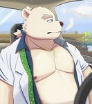 anthro belly blue_eyes car cigarette clothed clothing detailed_background inside inside_car inside_vehicle kemono male moobs nipples open_clothing open_shirt open_topwear overweight overweight_male shirt sitting smoking solo topwear vehicle white_body inugamihito lifewonders tokyo_afterschool_summoners leib_(tas) bear mammal polar_bear ursine 2022 hi_res