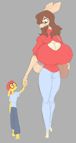 anthro big_breasts blush boobwindow breasts brown_hair duo eyewear female glasses hair hand_holding horn huge_breasts hyper hyper_breasts male male/female size_difference smile jizzus jivii_(jizzus) maby_(uglycoal) arthropod canid canine insect mammal