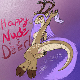 2_horns abstract_background anthro antlers anus areola barbel_(anatomy) biped bow_panties bow_underwear breasts brown_antlers brown_body brown_fur brown_hooves brown_horn clothing cloven_hooves dewclaw_hooves eyelashes female flesh_whiskers frilly frilly_clothing frilly_panties frilly_underwear fur genitals gusset hair happy holding_clothing holding_object holding_panties holding_underwear holidays hooves horn long_hair long_neck long_tail looking_at_viewer looking_back looking_back_at_viewer mane markings medium_breasts nipples non-mammal_breasts non-mammal_nipples nude panties pink_anus pink_areola pink_nipples pink_vulva pointy_ears prick_ears pupils purple_clothing purple_eyes purple_hair purple_mane purple_panties purple_underwear raised_tail rear_view scales slit_pupils smile smiling_at_viewer solo spots spotted_body spotted_fur tail tail_mane tail_tuft tan_body tan_scales tan_spots tapering_tail text thick_tail tuft underwear unguligrade ventral_scales vulva spe happy_nude_deer mythology new_year alina_(spe) deer dragon eastern_dragon kirin mammal mythological_creature mythological_scalie scalie 1:1 2025 digital_drawing_(artwork) digital_media_(artwork) english_text flat_colors hi_res