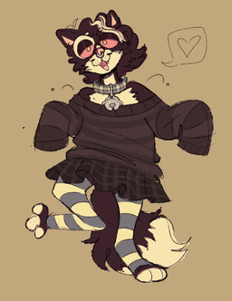 ambiguous_gender anthro bell bell_collar bottomwear clothed clothing collar drugs facial_piercing footwear legwear nose_piercing off_shoulder pattern_clothing pattern_legwear pattern_sweater pattern_topwear piercing red_sclera septum_piercing skirt socks solo stoned striped_clothing striped_legwear striped_sweater striped_topwear stripes substance_intoxication sweater toeless_footwear toeless_socks topwear catponything fig_moon arthropod domestic_cat felid feline felis flea insect mammal tuxedo_cat absurd_res hi_res nonbinary_(lore)