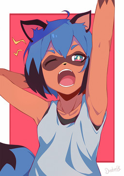anthro black_body black_fur black_hair black_nose blue_body blue_eyes blue_fur blue_hair brown_body brown_fur clothed clothing female fluffy fluffy_tail fur hair looking_at_viewer multicolored_body multicolored_fur multicolored_hair one_eye_closed open_mouth shirt short_hair solo tail tank_top topwear yawn darahan brand_new_animal studio_trigger michiru_kagemori canid canine mammal raccoon_dog tanuki 2020 half-length_portrait portrait