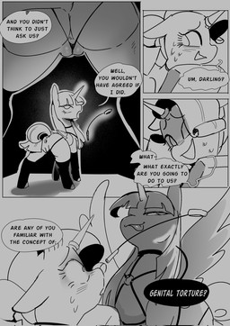 anus armwear bdsm blush bodily_fluids clothing dominant dominant_female female feral genitals group harness horn horn_jewelry horn_ring jewelry legwear rear_view riding_crop ring_(jewelry) sweat sweatdrop tail text tongue tongue_out vulva whip wings not_today_satan friendship_is_magic hasbro my_little_pony mythology applejack_(mlp) rarity_(mlp) twilight_sparkle_(mlp) equid equine horse mammal mythological_creature mythological_equine pony unicorn winged_unicorn comic english_text hi_res monochrome