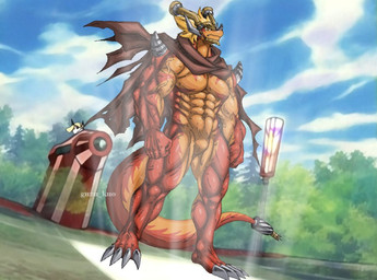 abs anthro biceps blonde_hair hair horn male multicolored_body nude obliques orange_body orange_skin pecs vein veiny_muscles guzu_kuo bushiroad future_card_buddyfight mythology drum_bunker_dragon dragon mythological_creature mythological_scalie scalie