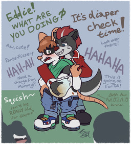anthro aroused assisted_exposure blush bodily_fluids diaper diaper_squish duo genital_fluids grabbing_diaper humiliation humiliation_fetish interrobang male male/male pantsing public public_humiliation romantic romantic_couple unclean_diaper urine used_diaper watersports wet_diaper young young_anthro young_male poorsal corey_(island) eddie_(island) mammal murid murine mustelid otter rat rodent hi_res