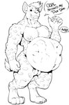 anthro balls belly big_belly dialogue feet fetal_movement genitals hair huge_belly male navel nude oops pregnant pregnant_anthro pregnant_male smile solo speech_bubble spots teeth text pandottermon hyena mammal 2019 artist_name hi_res monochrome signature