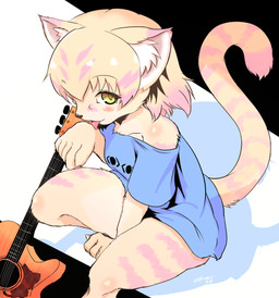 5_fingers :3 acoustic_guitar alternate_species anthro arm_tuft bangs bare_shoulders between_legs biped blue_clothing blue_shirt blue_topwear blush body_blush bottomless brown_nose cheek_tuft clothed clothing collarbone dipstick_tail eyebrow_through_hair eyebrows eyelashes facial_tuft female fingers fur furrification glistening glistening_hair guitar hair hair_between_eyes inner_ear_fluff kemono licking markings multicolored_body multicolored_fur multicolored_hair multicolored_tail musical_instrument off_shoulder open_mouth pink_body pink_fur pink_hair pink_stripes pink_tail pink_tail_tip plucked_string_instrument raised_tail self_cleaning shadow shirt shoulder_tuft side_view sitting smile solo string_instrument striped_body striped_fur striped_markings striped_tail stripes tail tail_markings tan_body tan_fur tan_hair tan_tail tongue tongue_out topwear translucent translucent_hair tuft two_tone_body two_tone_fur two_tone_hair two_tone_tail yellow_eyes oohagari kemono_friends sand_cat_(kemono_friends) felid feline felis mammal sand_cat digital_media_(artwork) signature