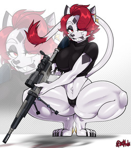 anthro bikini bikini_thong clothing female floppy_ears gun hair lop_ears navel navel_fetish ranged_weapon red_hair rifle rifle_scope sniper sniper_rifle solo swimwear thong thong_straps two-piece_swimsuit underwear weapon white_body blackarabi fan_character felid feline hybrid mammal pantherine prehistoric_species saber-toothed_tiger tiger hi_res