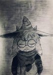 ambiguous_gender anthro clothing cute_fangs eyes_closed eyewear fangs floppy_ears fluffy fur glasses hands_behind_back hat headgear headwear heart_symbol horn robe scarf solo teeth white_body white_fur milin_goatmonsto deltarune undertale_(series) ralsei bovid caprine goat mammal absurd_res graphite_(artwork) hi_res monochrome traditional_media_(artwork) male_(lore)