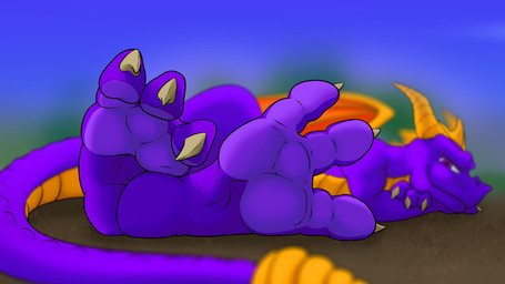 3_toes anthro barefoot claws countershading feet feral fingers foot_fetish foot_focus hindpaw horn looking_at_viewer lying male membrane_(anatomy) membranous_wings multicolored_body multicolored_scales on_front on_side outside paws plantigrade purple_body purple_eyes purple_scales purple_tail scales smile soles solo tail toe_claws toes two_tone_body two_tone_scales white_claws wings yellow_body yellow_horn yellow_scales diablo_the_rex activision european_mythology mythology spyro_the_dragon spyro dragon mythological_creature mythological_scalie scalie western_dragon digital_media_(artwork) hi_res widescreen
