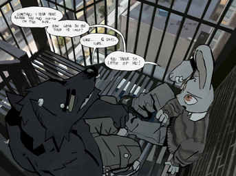 amazing_background anthro bottomwear cargo_pants city clothed clothed_anthro clothed_male clothing detailed_background dialogue duo ear_piercing eyebrow_piercing facial_piercing fire_escape footwear fully_clothed fully_clothed_anthro fully_clothed_male male male_anthro outside pants pattern_clothing pattern_sweater pattern_topwear piercing shoes sitting sneakers speech_bubble striped_clothing striped_sweater striped_topwear stripes sweater text toony topless topless_anthro topless_male topwear macholobo canid canine canis lagomorph leporid mammal rabbit wolf detailed english_text hi_res