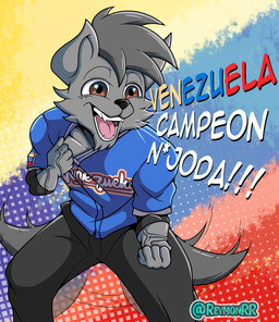 anthro baseball baseball_uniform brown_eyes clothing detailed_background excited flag fur grey_body grey_fur hair happy long_hair male muscular screaming shirt_grab snout solo sportswear tail tail_motion text uniform venezuela venezuelan_flag reymonrr reymon_(reymonrr) canid canine canis mammal wolf hi_res