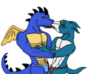 brown_eyes bulge clothed clothing duo eyes_closed kissing male male/male open_mouth simple_background tail tongue tongue_out wings unknown_artist mythology dragon mythological_creature mythological_scalie scalie 5:4 low_res source_request