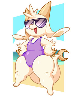 ambiguous_gender anthro clothing eyewear hand_on_hip horn huge_thighs one-piece_swimsuit open_mouth slightly_chubby solo sunglasses swimwear tail thick_thighs white_body acstlu chikn_nuggit mythology fwench_fwy_(chikn_nuggit) dragon mythological_creature mythological_scalie reptile scalie 2021 4:5 digital_media_(artwork) hi_res nonbinary_(lore)