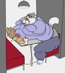 anthro belly belly_overhang beverage big_belly big_butt blobby burger butt clothed clothing eating eyewear fast_food_restaurant fat_rolls food fries fur glasses grey_body grey_fur holding_food holding_object hoodie huge_belly hyper hyper_belly inside male messy moobs morbidly_obese morbidly_obese_anthro morbidly_obese_male obese obese_anthro obese_male overweight overweight_anthro overweight_male sitting solo stuffing thick_thighs topwear vanillayote toxi domestic_cat felid feline felis mammal hi_res