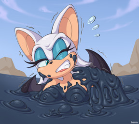 anthro big_breasts blue_eyeshadow bodily_fluids breasts bubble clenched_teeth eyelashes eyeshadow female flying_sweatdrops green_eyes long_eyelashes makeup membrane_(anatomy) membranous_wings nipples nude one_eye_closed quicksand solo sticky struggling stuck sweat sweatdrop tan_body tar teeth white_body wince wings qajarito sega sonic_the_hedgehog_(series) rouge_the_bat bat mammal 2025 hi_res