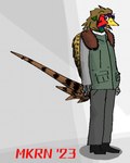 anthro avian beak bird clothing coat common_pheasant digital_media_(artwork) eyewear feathers fur galliform glasses green_clothing green_coat green_ears green_topwear grey_hands hi_res looking_at_viewer lundqvist_enterprises makaronnie male orange_eyes phasianid phasianus pixel_(artwork) signature simple_background solo teodor_haroldsson topwear yellow_beak