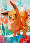 ambiguous_gender black_inner_ear dipstick_tail eevee eyewear eyewear_only feral flower fur generation_1_pokemon glasses glasses_only hi_res kemono kuranaga15 looking_at_viewer markings multicolored_body multicolored_fur nintendo nude plant pokemon pokemon_(species) quadruped red_tongue shadow signature solo tail tail_markings tongue tulip_(flower) two_tone_tail wearing_glasses white_body white_fur white_tail