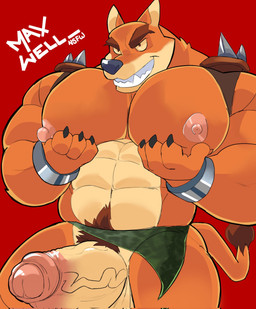 abs anthro barazoku biceps big_muscles big_pecs big_penis body_hair bottomwear bottomwear_aside bracelet brown_hair clothing clothing_aside erection evil_face evil_grin eyebrows fangs foreskin fur genitals girthy glans grin hair humanoid_genitalia humanoid_penis jewelry loincloth loincloth_aside male manly muscular muscular_anthro muscular_male nipples pec_grab pecs penis pubes red_background shoulder_pads simple_background smile solo spiked_shoulder_pads spikes tail tail_tuft tan_body tan_fur teeth thick_eyebrows tuft vein veiny_penis yellow_sclera criskelsky activision crash_bandicoot_(series) tiny_tiger dasyuromorph mammal marsupial recently_extinct_species thylacine hi_res