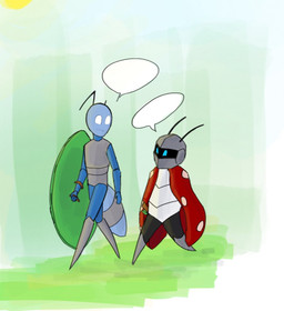 ambiguous_gender antennae_(anatomy) armor blue_body blue_eyes cape clothed clothing duo fingers headgear helmet holding_object holding_weapon melee_weapon open_mouth outside polearm shield simple_background smile standing sun sword walking weapon white_eyes 4ce bug_fables moonsprout_games celia_(bug_fables) levi_(bug_fables) ant arthropod beetle cucujoid humanoid hymenopteran insect ladybug 2020 digital_media_(artwork) hi_res