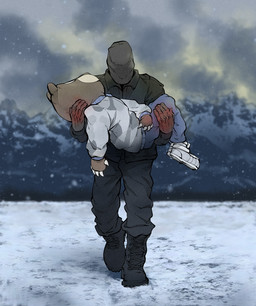 ambiguous_gender anthro black_bottomwear black_clothing black_hood black_pants black_shirt black_topwear boots bottomwear carrying_another claws clothed clothing collared_shirt dark_body dark_skin duo footwear fully_clothed hood male mountain outside pants shirt shoes sky snow snowing topwear unconscious walking rem.illustrations kanye_west ye_(album) dropout_bear bear human mammal digital_media_(artwork) hi_res