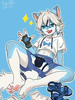 4_toes 5_fingers anthro arm_support backward_arm_support biped blue_background bottomwear bulge claws clothed clothed_anthro clothed_male clothing detailed_bulge discarded_footwear feet finger_claws fingerpads fingers footwear fur furgonomic_bottomwear furgonomics genital_outline hair hoodie jockstrap male male_anthro navel pawpads paws penis_outline plantigrade print_clothing print_topwear reclining sandals shoes shorts simple_background sitting socks solo sparkles tail toe_claws toes topwear underwear white_clothing white_topwear young young_anthro young_male sydhya canid mammal 2025 dated digital_media_(artwork) hi_res signature