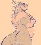 2021 anthro belly big_belly big_butt butt chibsarts chiderg dragon european_mythology guide_lines hi_res male mythological_creature mythological_scalie mythology nude pecs rear_view scalie side_view simple_background sketch solo tail western_dragon