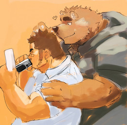anthro brown_body brown_fur clothing duo fur heart_symbol hoodie humanoid_hands kemono male male/male overweight overweight_male shirt simple_background topwear koto_(pixiv_2766446) bear human mammal 2015
