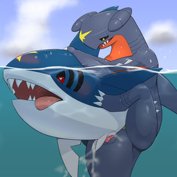 anal anal_penetration animal_genitalia black_sclera blush bodily_fluids claspers cloaca cloud cum cum_in_ass cum_in_water cum_inflation cum_inside cum_while_penetrated cumshot detailed_background duo ejaculation erection feral feral_penetrated fin genital_fluids genitals hands-free heart_eyes heart_symbol inflation looking_pleasured male male/male male_penetrated male_penetrating male_penetrating_male orgasm outside partially_submerged penetration penis sex sharp_teeth sky teeth tongue tongue_out water waterline_view apc_(artist) nintendo pokemon aquatic fish garchomp generation_3_pokemon generation_4_pokemon pokemon_(species) sharpedo 1:1 source_request