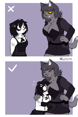 anthro blush breast_squish breasts clothing dress female hair laugh size_difference solo squish tail catkitte how_to_talk_to_short_people panda_(catkitte) ugly_cat_(catkitte) bear domestic_cat felid feline felis giant_panda mammal 2022 digital_drawing_(artwork) digital_media_(artwork) hi_res meme signature