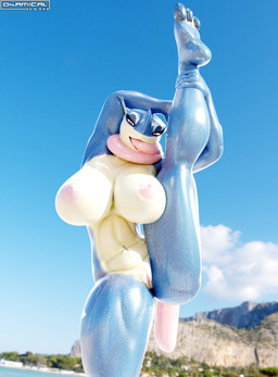 3_toes anthro beach big_breasts blue_body blush bodily_fluids breasts butt feet female fingers flexible genitals leg_grab long_tongue navel nipples one_leg_up open_mouth outside raised_leg seaside solo splits spread_legs spreading standing sweat thick_thighs toes tongue tongue_out vertical_splits vulva water wet yoga okamical okamical_(modeler) nintendo pokemon mizuki_(okamical) amphibian frog generation_6_pokemon greninja pokemon_(species) 3d_(artwork) absurd_res digital_media_(artwork) hi_res