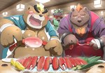 anthro belly blush brown_body brown_fur clothing detailed_background eyes_closed food fur group humanoid_hands kemono male overweight overweight_male shirt topwear hon55728 lifewonders tokyo_afterschool_summoners ashigara_(tas) barguest_(tas) bear mammal 2021