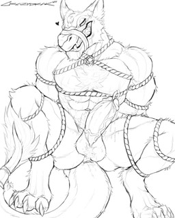 abs anthro anus ball_tuft balls barazoku bared_teeth bound cheek_tuft chest_tuft erection facial_tuft frogtied front_view genital_piercing genitals hands_behind_back humanoid_genitalia humanoid_penis knee_tuft leg_tuft legs_tied male muscular muscular_anthro muscular_male nude pecs penis penis_piercing piercing prince_albert_piercing simple_background solo tail tail_tuft tuft vein veiny_penis crazydrak sergal 2025 dated hi_res monochrome signature sketch