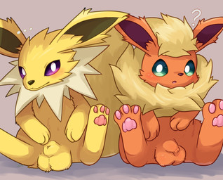 animal_genitalia balls black_nose duo feral flaccid foreskin fully_sheathed fur genitals green_sclera humanoid_genitalia humanoid_penis male pawpads paws penis purple_sclera red_body red_ears red_fur sheath sitting unretracted_foreskin white_eyes yellow_body yellow_ears yellow_fur komugi_mofu nintendo pokemon eeveelution flareon generation_1_pokemon jolteon pokemon_(species) absurd_res hi_res
