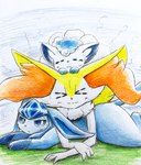 ambiguous_gender anthro blue_body blue_eyes blue_hair blush blush_lines bodily_fluids eyes_closed feral fur group hair inner_ear_fluff lying_on_another orange_body orange_fur paws sweat trio tuft white_body white_fur white_hair yellow_body yellow_fur eiroru nintendo pokemon alolan_form alolan_vulpix braixen canid canine eeveelution generation_4_pokemon generation_6_pokemon generation_7_pokemon glaceon mammal pokemon_(species) regional_form_(pokemon) 2022 graphite_(artwork) hi_res traditional_media_(artwork)