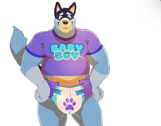 anthro biped blue_body blue_fur clean_diaper clothed clothing diaper fur male mature_anthro mature_male multicolored_body multicolored_fur purple_clothing purple_shirt purple_topwear shirt simple_background smile solo teeth text topwear wearing_diaper wetness_indicator white_background daire301 bluey_(series) bandit_heeler australian_cattle_dog canid canine canis cattledog domestic_dog herding_dog mammal pastoral_dog digital_media_(artwork) english_text hi_res