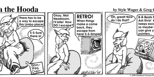 anthro bean_bag bottomwear breasts clothed clothed_female clothing dialogue duo ears_back electronics female footwear fur hair high_heels male pivoted_ears shoes skirt television text style_wager dela_the_hooda dela_aldershaw canid canine fox hooda human mammal 1998 comic english_text monochrome