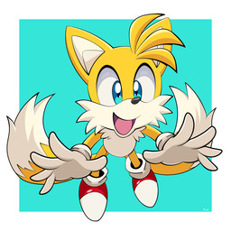 2_tails 5_fingers anthro bangs blue_eyes cheek_tuft clothing facial_tuft fingers footwear gloves handwear looking_at_viewer male male_anthro multi_tail open_mouth open_smile pointy_ears shoes simple_background smile solo tail tongue tuft young young_anthro young_male mysteriouskaos_(artist) sega sonic_the_hedgehog_(series) miles_prower canid canine fox mammal 1:1 hi_res