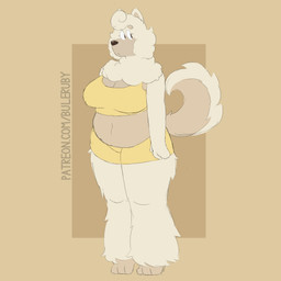 3_fingers 3_toes anthro big_breasts black_eyes bottomwear bra breasts circle_eyebrows cleavage clothed clothed_anthro clothed_female clothing curly_hair eyebrows eyelashes feet female female_anthro fingers fluffy fluffy_tail fully_clothed fully_clothed_anthro fully_clothed_female fur grey_body grey_eyebrows grey_fur grey_tail hair looking_back midriff mouth_closed multicolored_body multicolored_fur navel neck_tuft rectangle short_hair shorts simple_background slightly_chubby slightly_chubby_anthro slightly_chubby_female solo sports_bra standing straight_arm tail text thick_thighs toes tuft two_tone_body two_tone_fur underwear white_body white_fur white_tail yellow_background yellow_bottomwear yellow_bra yellow_clothing yellow_shorts yellow_sports_bra yellow_underwear buleruby bluey_(series) wendy_(bluey) canid canine canis chow_chow domestic_dog mammal spitz 1:1 2025 absurd_res digital_drawing_(artwork) digital_media_(artwork) flat_colors full-length_portrait hi_res portrait url
