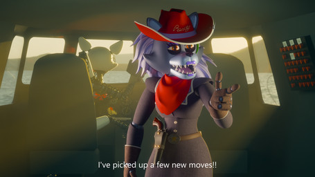 anthro belt clothing cowboy_hat duo female hat headgear headwear holstered_revolver inside kerchief machine on_model text western wild_west anonamine five_nights_at_freddy's five_nights_at_freddy's:_secret_of_the_mimic five_nights_at_freddy's:_security_breach five_nights_at_freddy's_2 scottgames steel_wool_studios deadeye_roxanne mangle_(fnaf) roxanne_wolf animatronic canid canine canis fox mammal robot wolf 16:9 2025 3d_(artwork) blender_(artwork) digital_media_(artwork) english_text hi_res widescreen