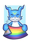 ambiguous_gender anthro blue_body countershading flag flag_(object) holding_flag holding_object lgbt_pride markings progressive_flag simple_background solo white_background white_body white_countershading yellow_markings fluxiled_(artist) bandai_namco digimon digimon_(species) veemon 2024 signature