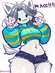 :3 anthro blush bottomwear cat_smile clothing denim denim_bottomwear denim_clothing denim_shorts female grey_hair hair leetspeak looking_at_viewer navel shorts smile smiling_at_viewer solo sweater text topwear vivimiany undertale undertale_(series) temmie_(undertale) canid canine canis domestic_dog mammal tem 2025 digital_media_(artwork) hi_res