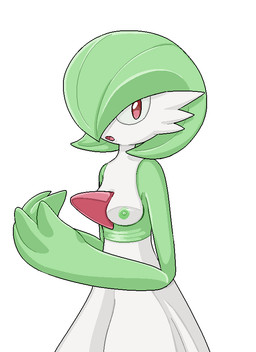 breasts female green_hair green_nipples hair hair_over_eye looking_at_viewer nipples not_furry one_eye_obstructed open_mouth red_eyes short_hair simple_background solo standing white_background egging_(artist) nintendo pokemon gardevoir generation_3_pokemon pokemon_(species) aliasing digital_media_(artwork)