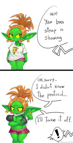 big_breasts big_ears black_bra black_clothing black_underwear bodily_fluids bottomwear bra bra_strap breasts clothing convenient_censorship dialogue dolphin_shorts ear_piercing ear_ring exclamation_point female green_body green_skin hair humanoid_pointy_ears offscreen_character piercing pointy_ears ponytail ring_piercing shorts shortstack simple_background solo sweat sweatdrop text two_panel_image underwear undressing undressing_self unhooked_bra unhooking_bra white_background wide_hips yellow_sclera mario-grant bra_strap_showing_(meme) ms._nasbh'ke_(mario-grant) goblin humanoid 2026 absurd_res comic english_text hi_res meme