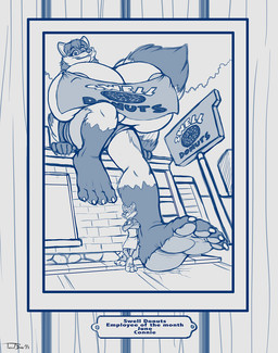 3_toes 4_toes 5_fingers anthro apron barefoot big_breasts big_tail biped bottomwear breasts building claws closed_smile clothed clothed_anthro clothed_male clothing cloud countershade_face countershade_feet countershade_fur countershading cracked_ground crossed_arms dipstick_ears duo ear_markings employee_of_the_month extreme_size_difference eyebrows eyelashes facial_markings feet female female_anthro finger_claws fingers fur hair head_markings huge_breasts humanoid_hands hyper hyper_breasts larger_anthro larger_female leaning_on_another leg_markings long_hair looking_at_viewer macro macro_anthro macro_female male male_anthro markings mask_(marking) mouth_closed multicolored_body multicolored_ears multicolored_fur nipple_outline outside photo picture_frame plantigrade ring_(marking) ringed_tail rolled_up_sleeves shirt shorts sign sitting_on_building size_difference sky smaller_anthro smaller_male smile smiling_at_viewer socks_(marking) standing striped_markings striped_tail stripes tail tail_markings text toe_claws toes toony topless topless_anthro topless_female topwear wall_(structure) whisker_spots wood wood_wall teaselbone swell_donuts connie_(bennie_tiger) teaselbone_(character) canid canine canis mammal procyonid raccoon wolf 2023 blue_and_white character_name digital_drawing_(artwork) digital_media_(artwork) english_text monochrome signature