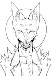 anthro aureola bodily_fluids cheek_spikes clothed clothed_anthro clothed_male clothing collarbone drooling facial_spikes fangs front_view grin head_spikes inner_ear_fluff jacket looking_at_viewer male male_anthro narrowed_eyes notched_ear open_clothing open_jacket open_mouth open_smile open_topwear pecs prick_ears pupil saliva sharp_teeth shirt simple_background smile spiked_jacket spikes spikes_(anatomy) tank_top teeth topwear tuft white_background possumcrimes felid feline mammal 2020 absurd_res black_and_white bust_portrait digital_drawing_(artwork) digital_media_(artwork) hi_res monochrome portrait