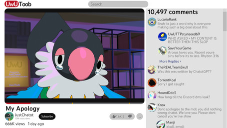 ambiguous_gender bodily_fluids comments crying feral humor parody solo tears text user_interface aquinas_audax blender_eevee nintendo pokemon youtube arceus avian bird chatot generation_2_pokemon generation_4_pokemon generation_5_pokemon houndoom legendary_pokemon pokemon_(species) reptile scalie serperior skarmory skuntank snake 16:9 2025 3d_(artwork) 4k absurd_res blender_(artwork) comment_chain digital_media_(artwork) english_text hi_res icon widescreen