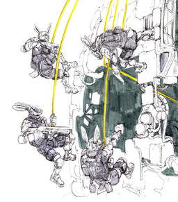 ambiguous_gender anthro armor clothed clothing group gun harness ranged_weapon repelling science_fiction weapon momamo hare lagomorph leporid mammal 2024 hi_res sketch traditional_media_(artwork)